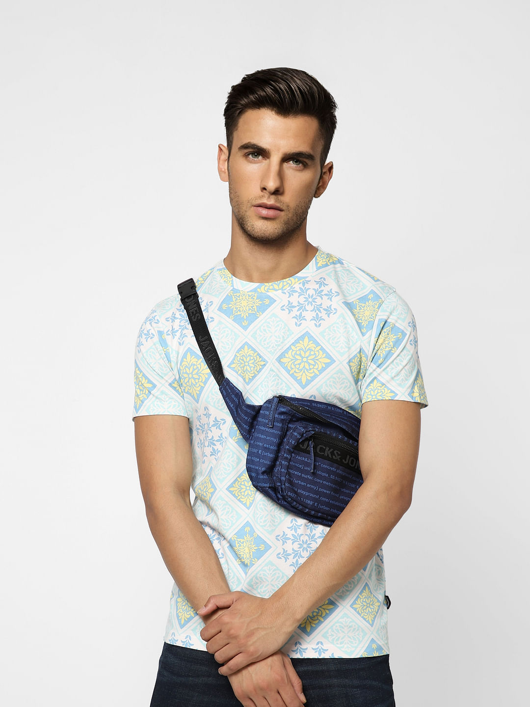 White Abstract Print Crew Neck T-shirt - S