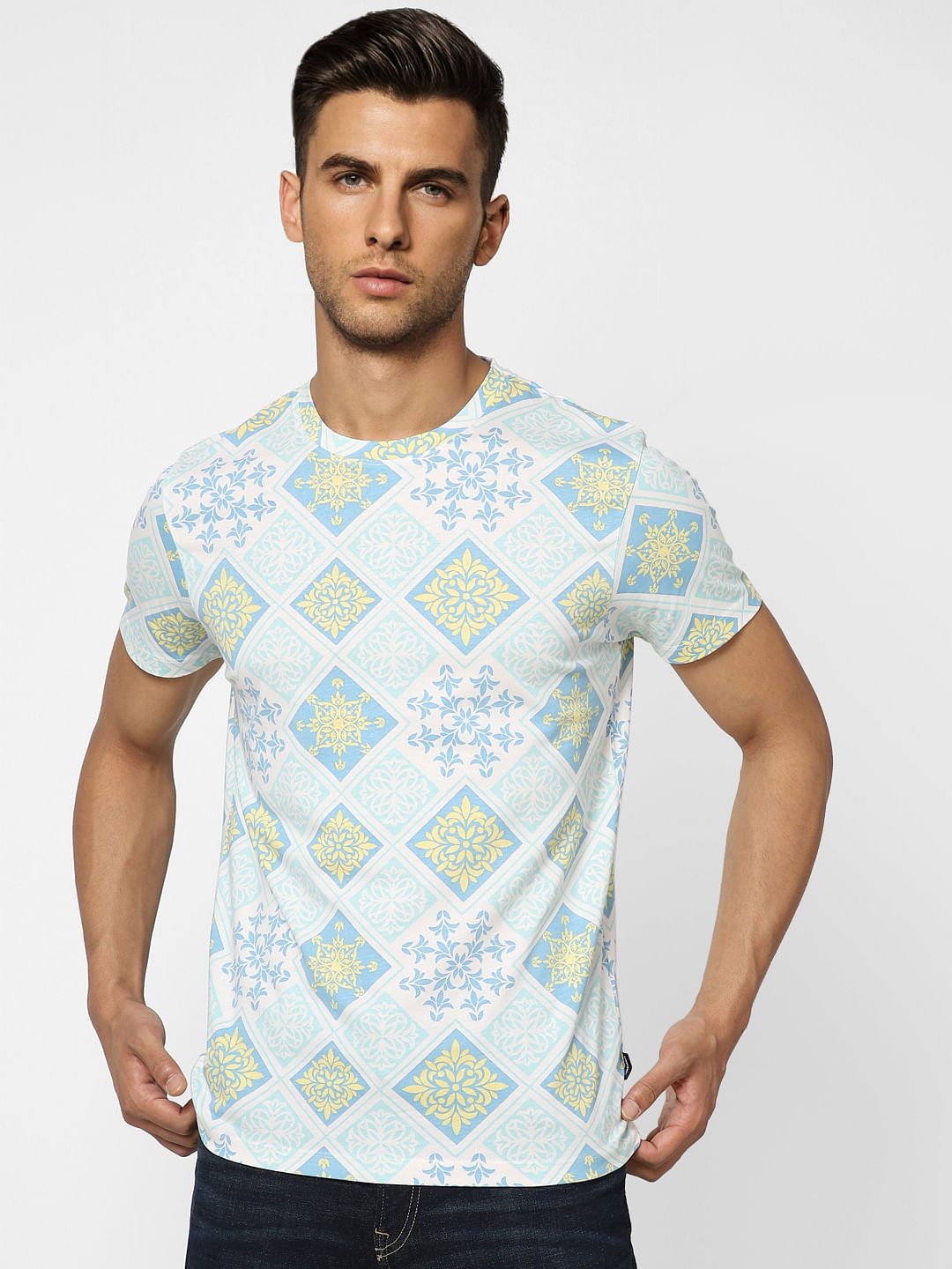 White Abstract Print Crew Neck T-shirt
