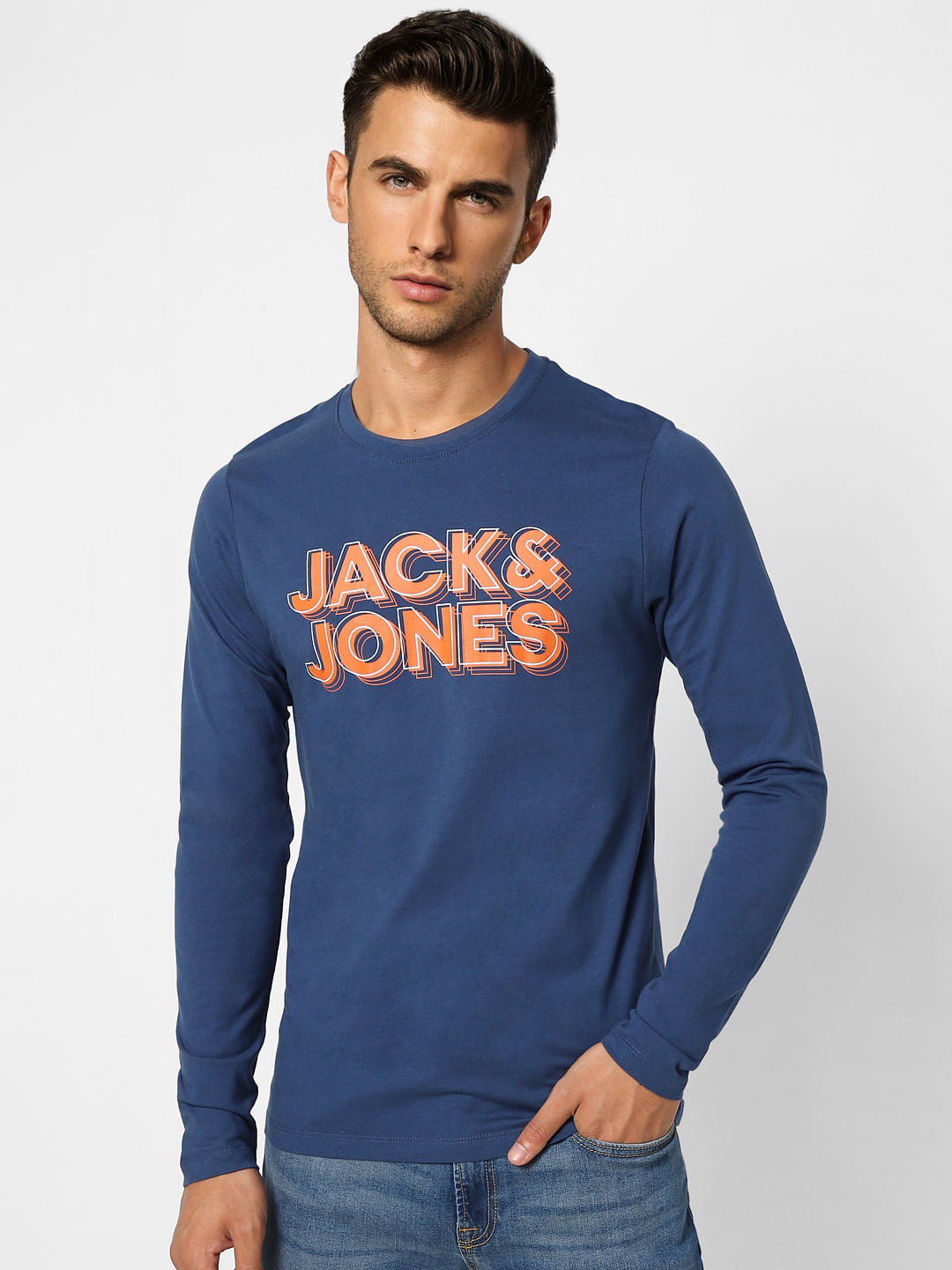 Dark Blue Logo Print Crew Neck T-shirt