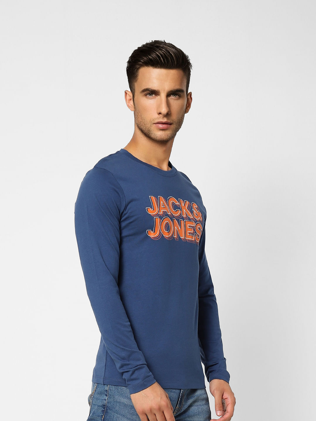 Dark Blue Logo Print Crew Neck T-shirt
