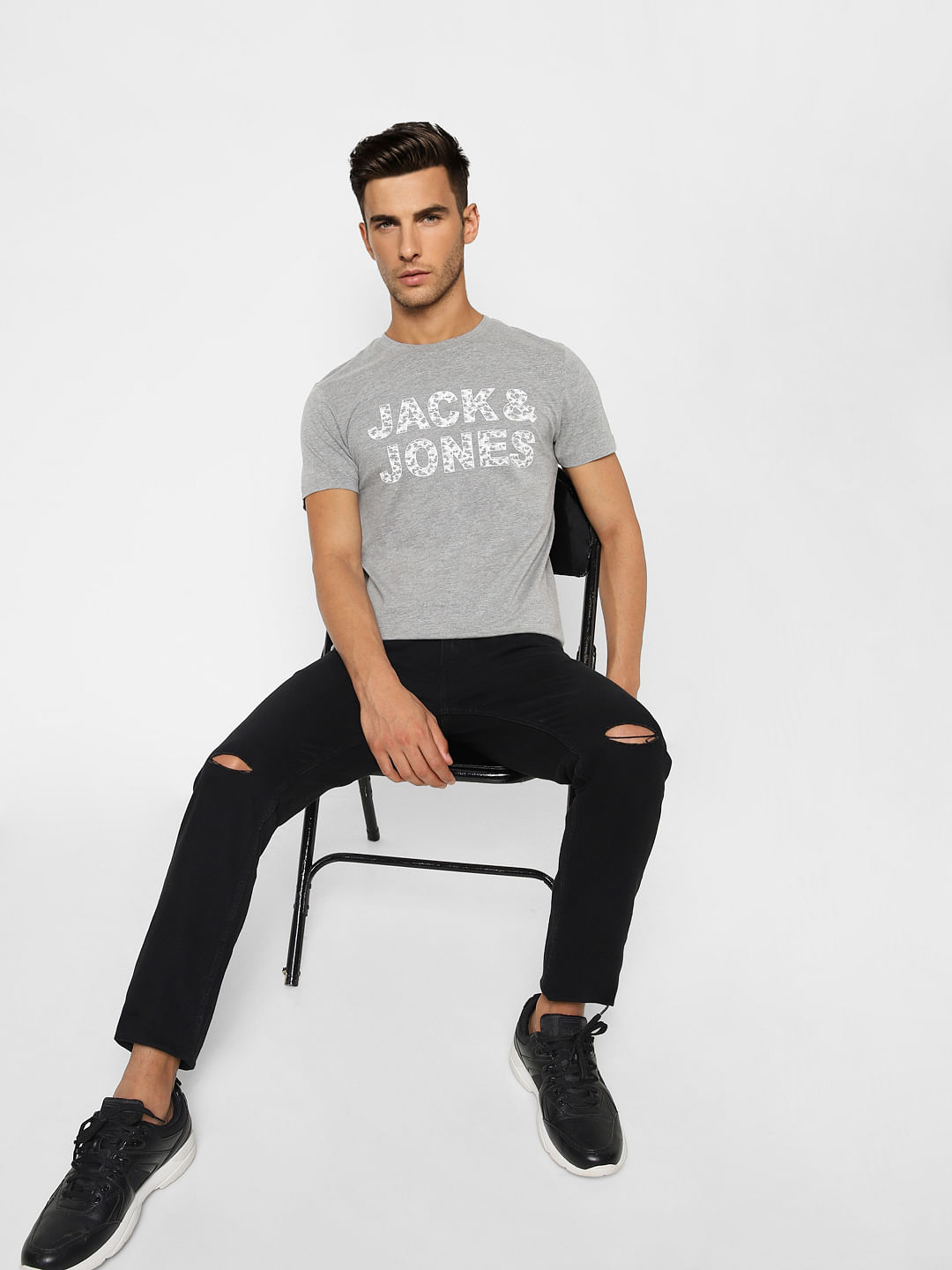 Grey Logo Print Crew Neck T-shirt - S