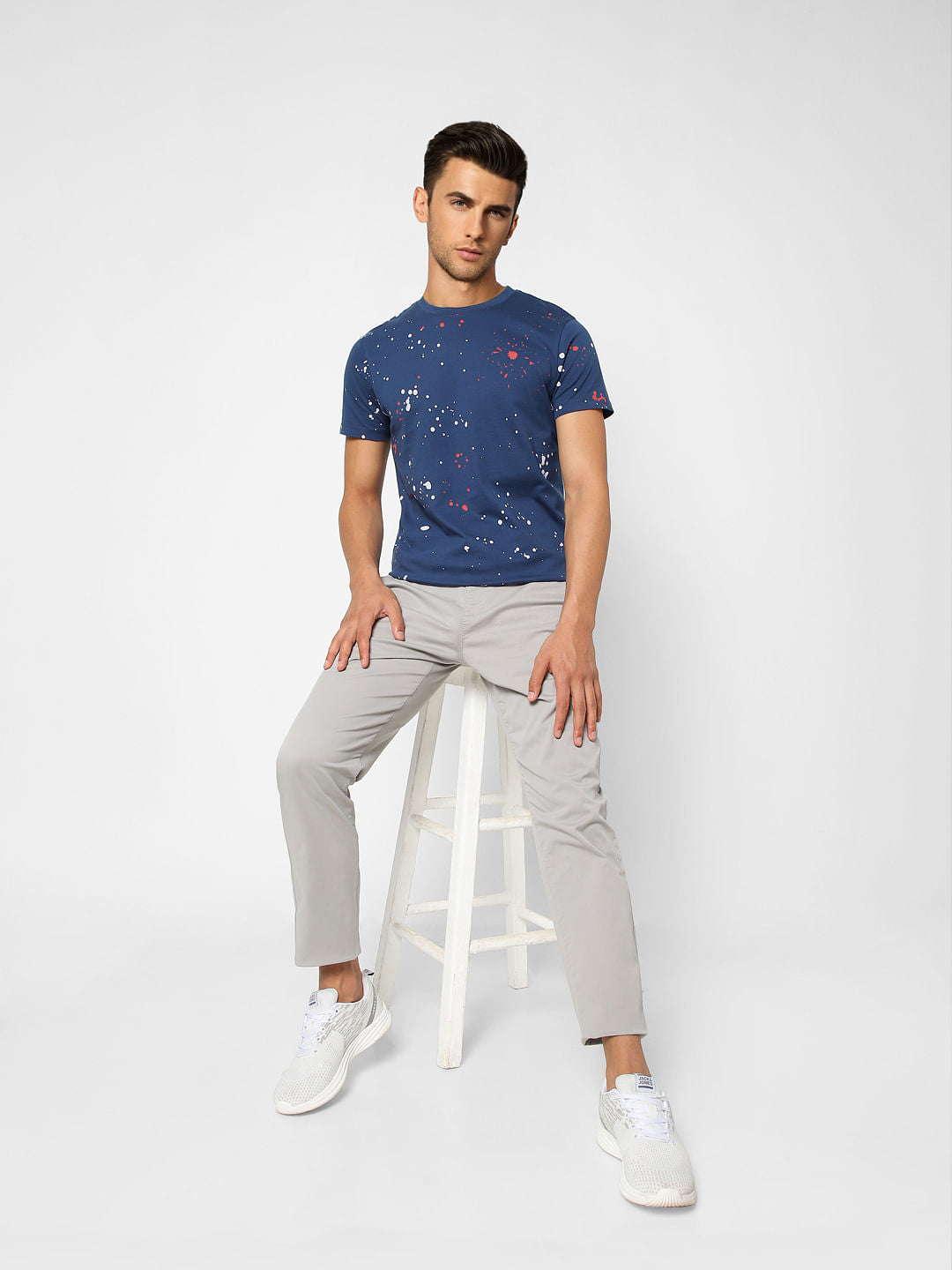Blue Printed Crew Neck T-shirt - S