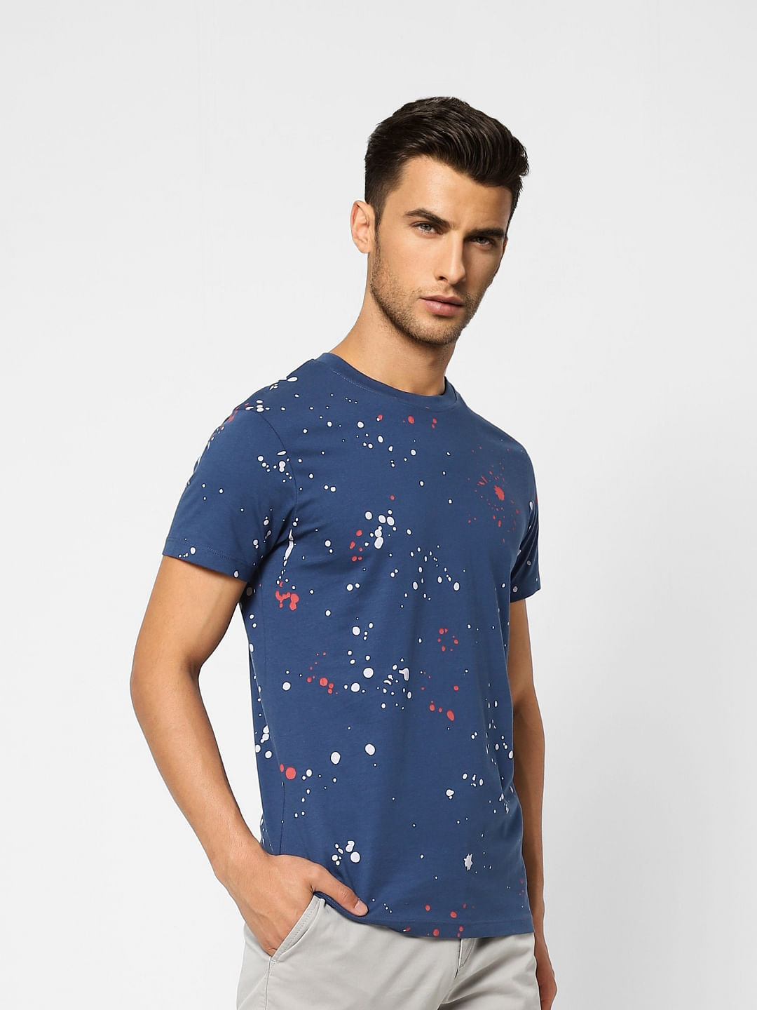 Blue Printed Crew Neck T-shirt