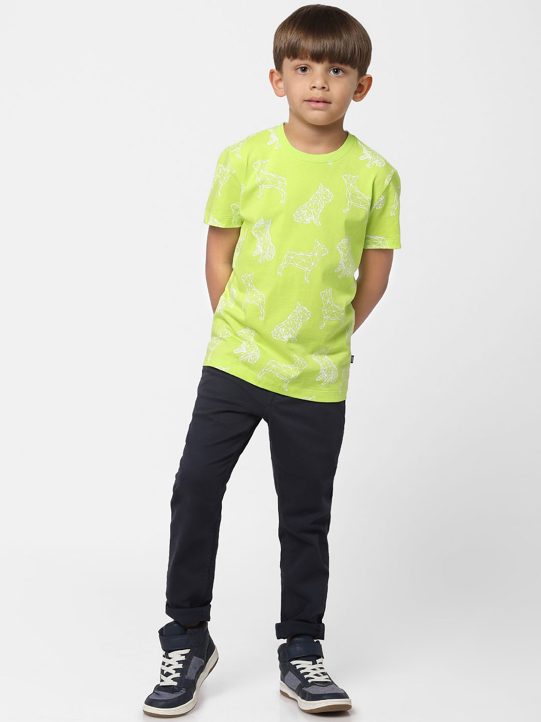 Boys Lime Green Printed Crew Neck T-shirt
