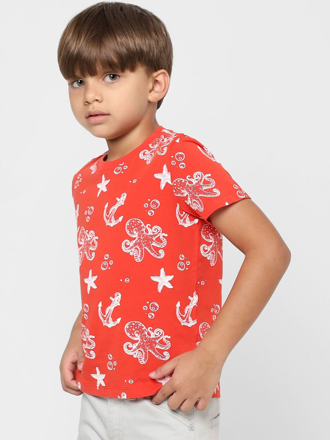 BOYS Red Printed Crew Neck T-shirt