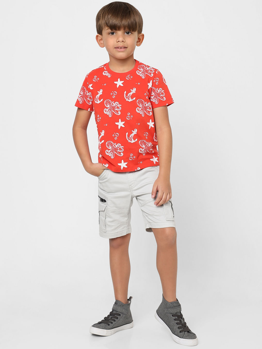 BOYS Red Printed Crew Neck T-shirt