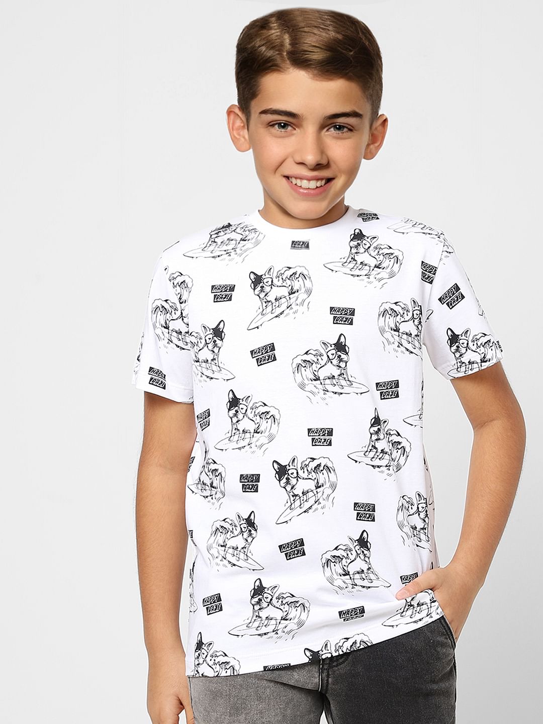 Boys White Printed Crew Neck T-shirt