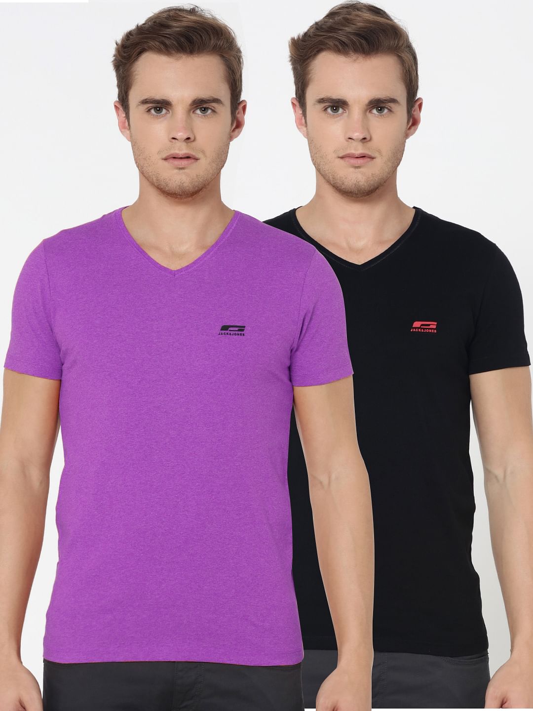 Pack Of Two V-Neck T-Shirts- Purple And Black - S
