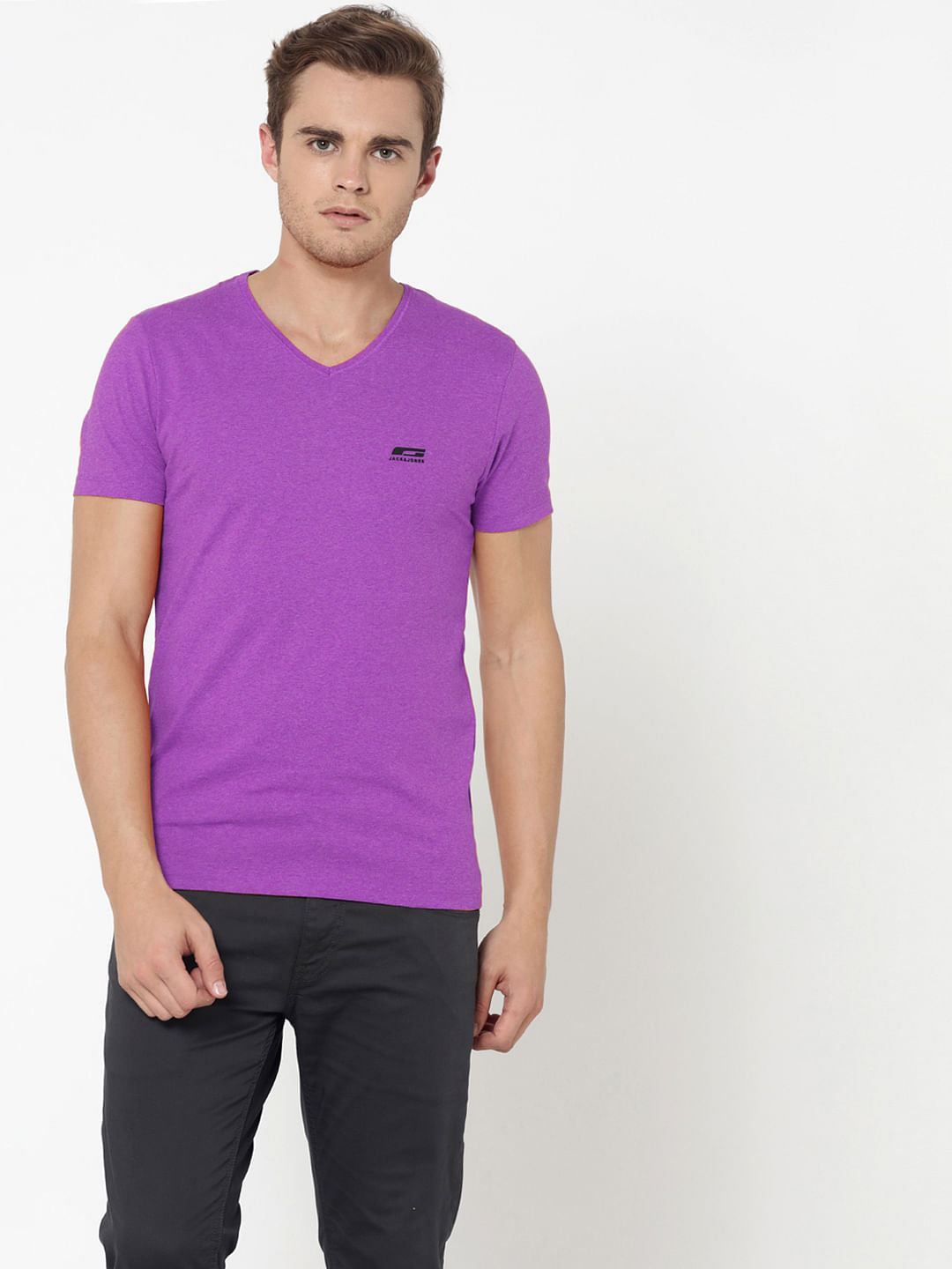 Pack Of Two V-Neck T-Shirts- Purple And Black