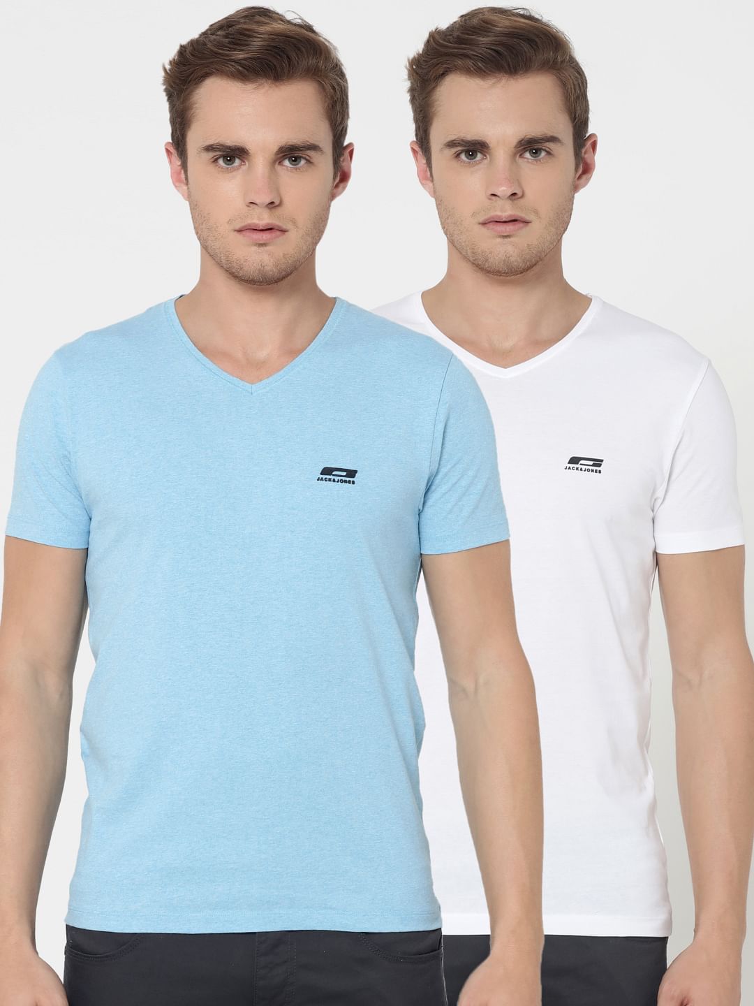 Pack Of Two V-Neck T-Shirts- Light Blue And White - S