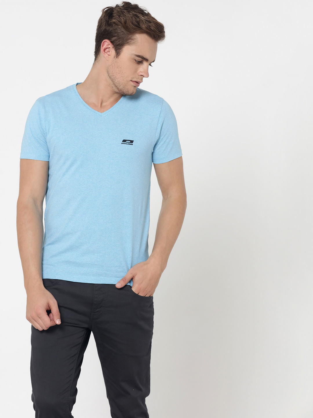 Pack Of Two V-Neck T-Shirts- Light Blue And White
