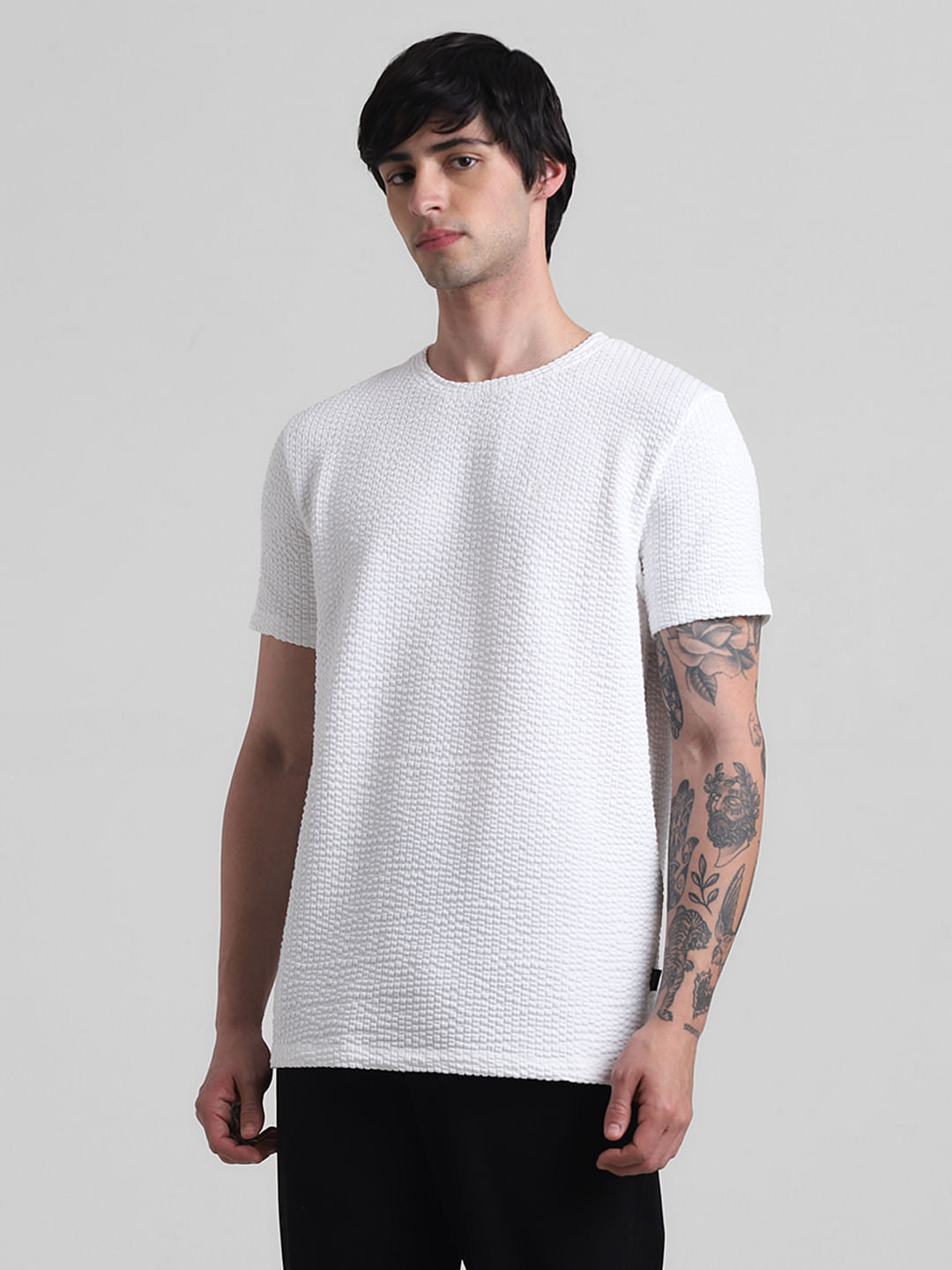 White Knitted Crew Neck T-shirt