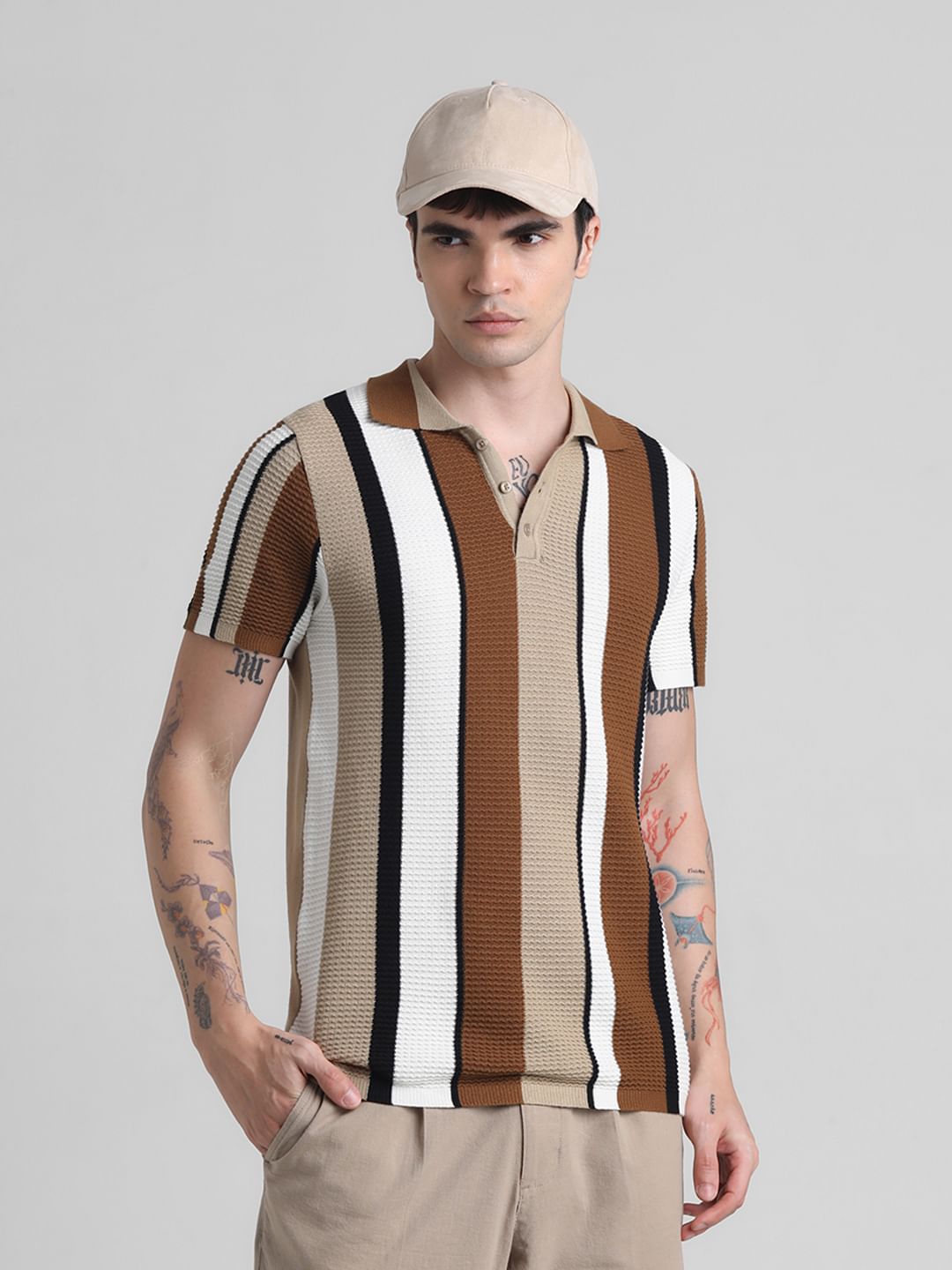 Brown Striped Knitted Polo - XXL