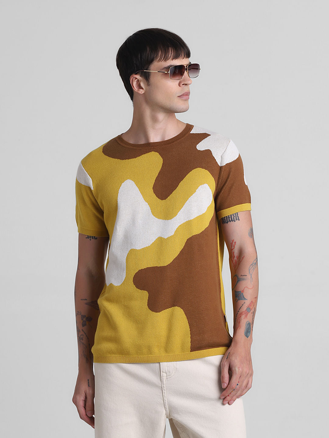 Yellow Abstract Print Jacquard T-shirt - XXL