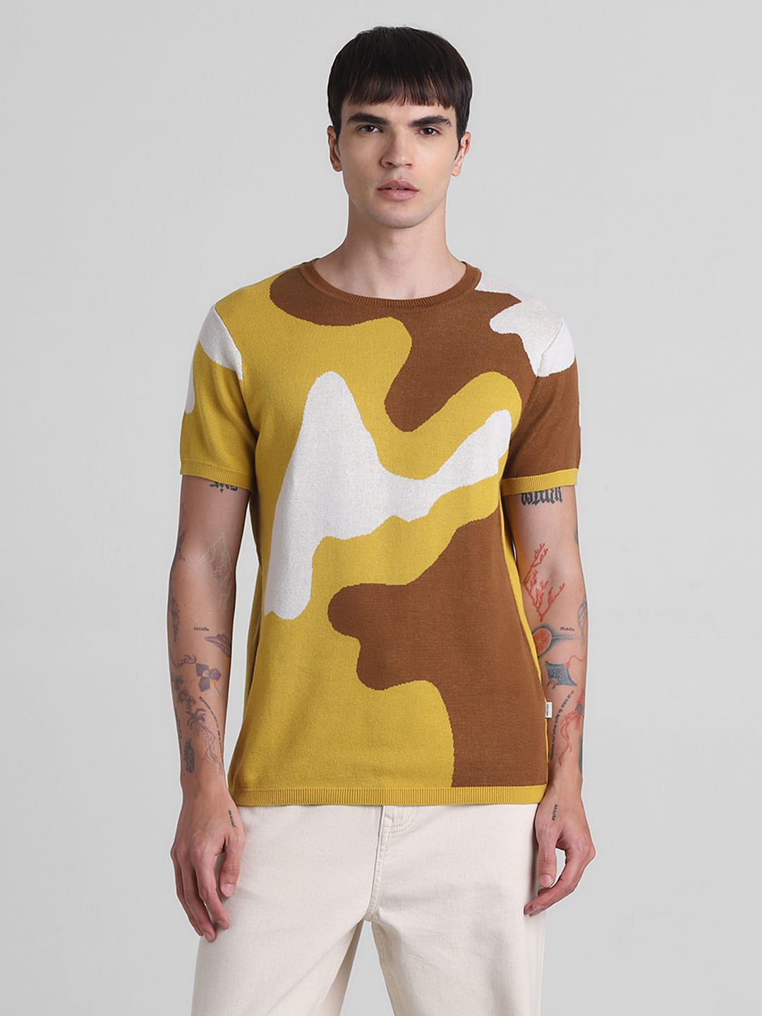 Yellow Abstract Print Jacquard T-shirt