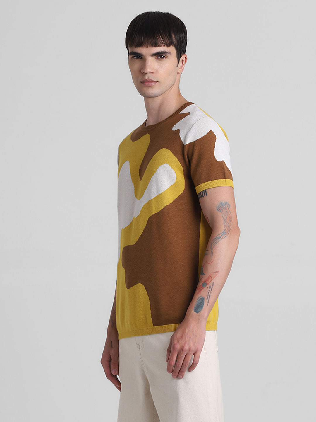 Yellow Abstract Print Jacquard T-shirt