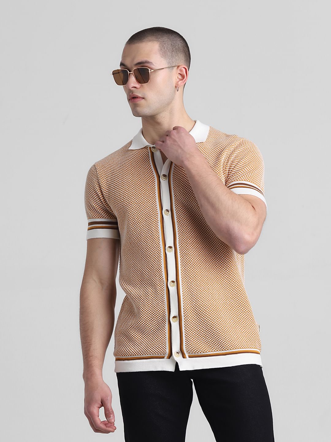 Yellow Front Open Jacquard Polo