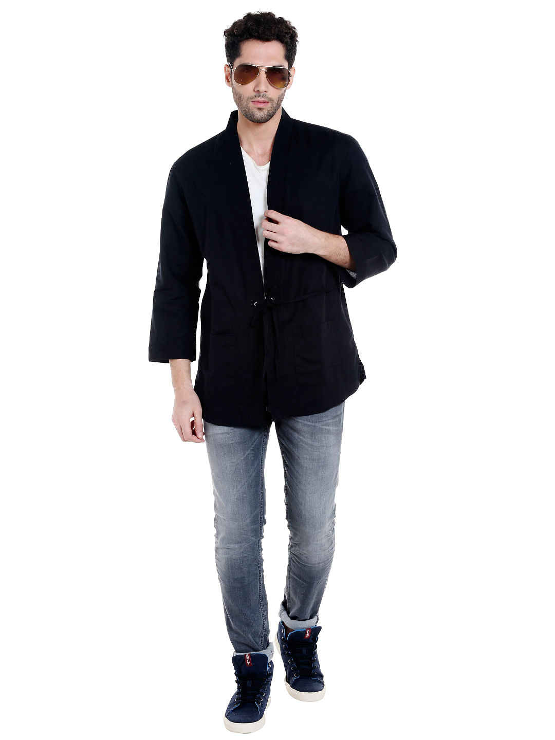 Black Front Tie Full Sleeves Overshirt - S