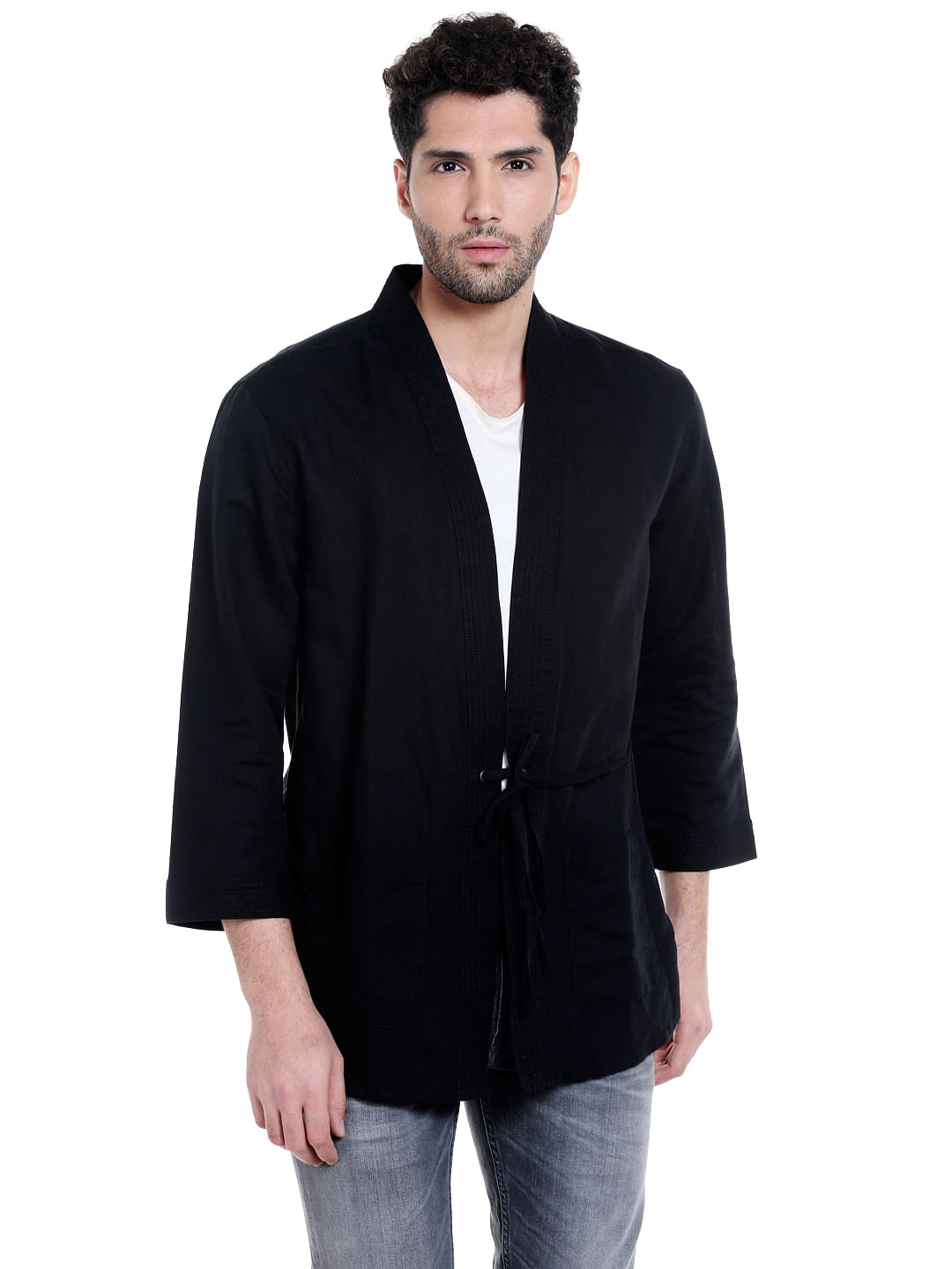 Black Front Tie Full Sleeves Overshirt