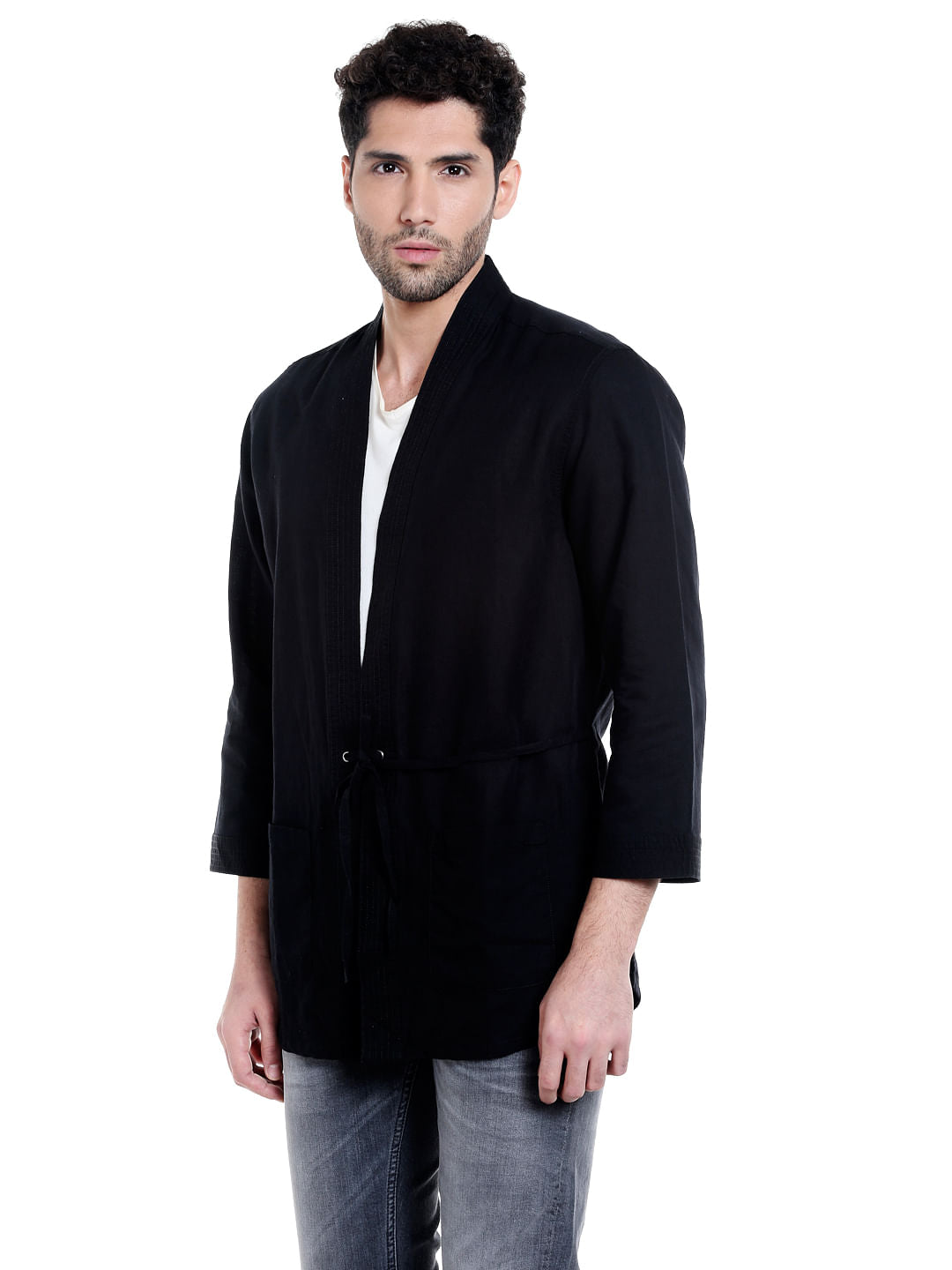 Black Front Tie Full Sleeves Overshirt