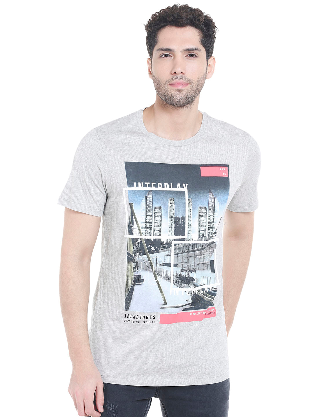 Grey Graphic Print Crew Neck T-shirt - S