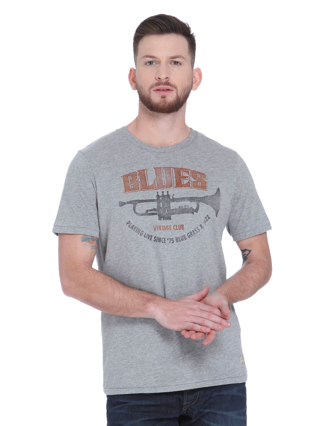 Grey Text Print Crew Neck T-shirt - S