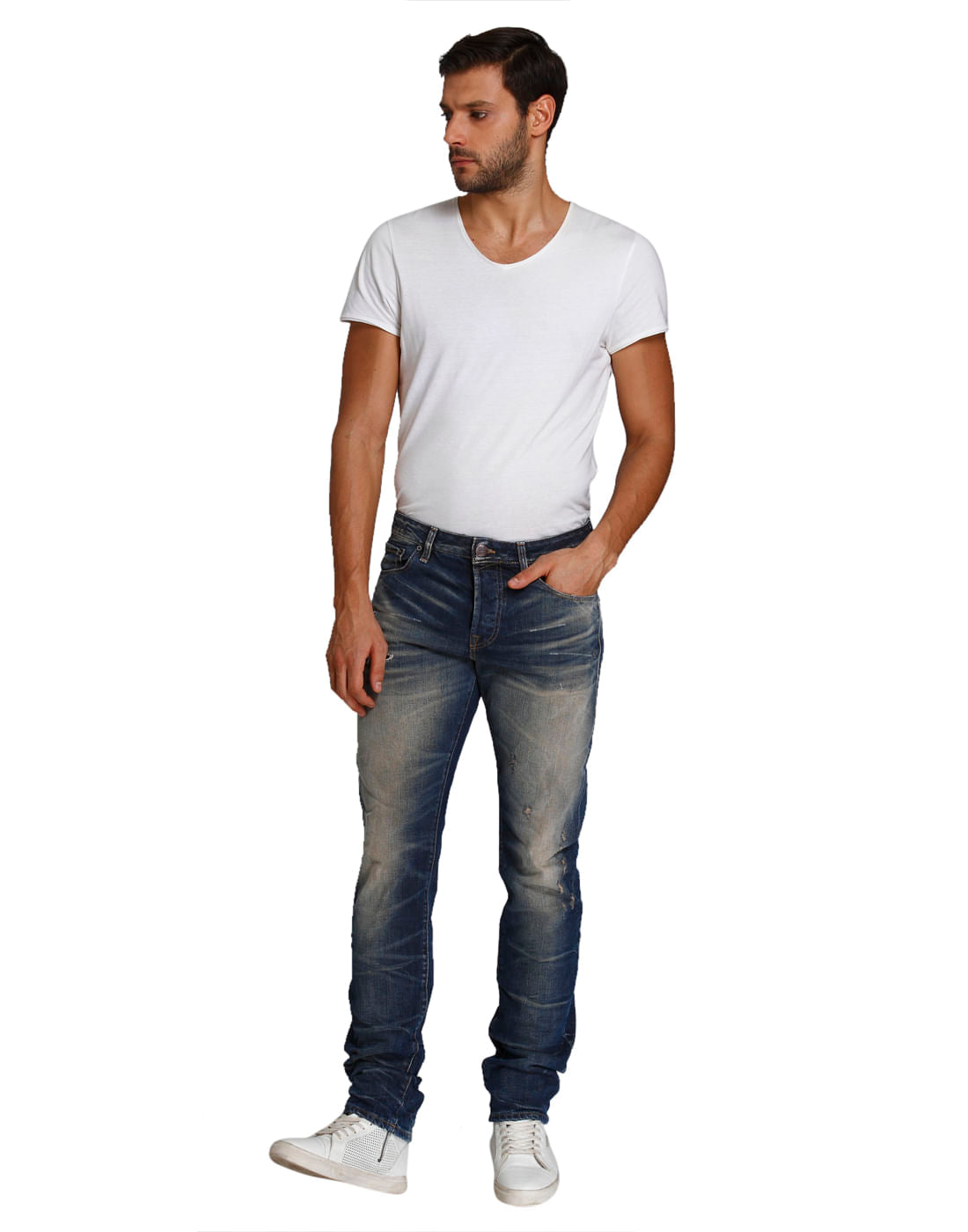 Blue Mid Rise Distressed Slim Fit Jeans