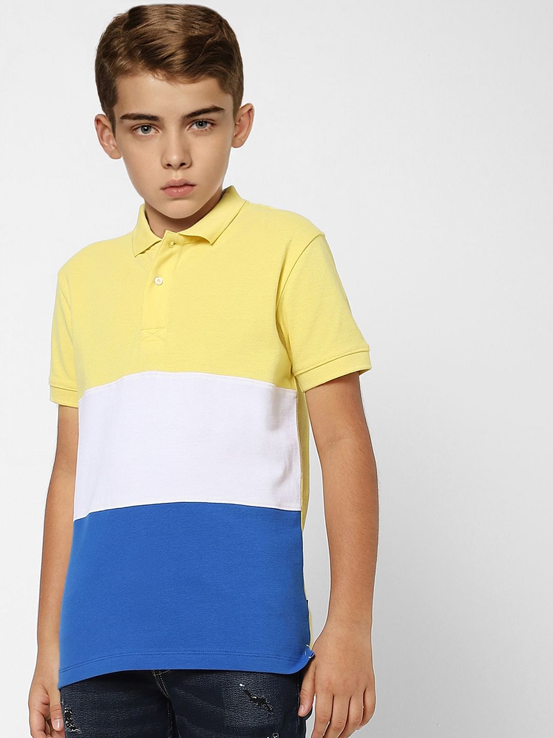 Boys Yellow Colourblocked Polo Neck T-shirt
