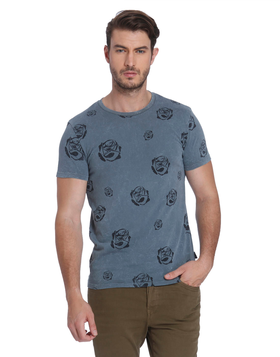 Grey Graphic Print Crew Neck T-shirt - S