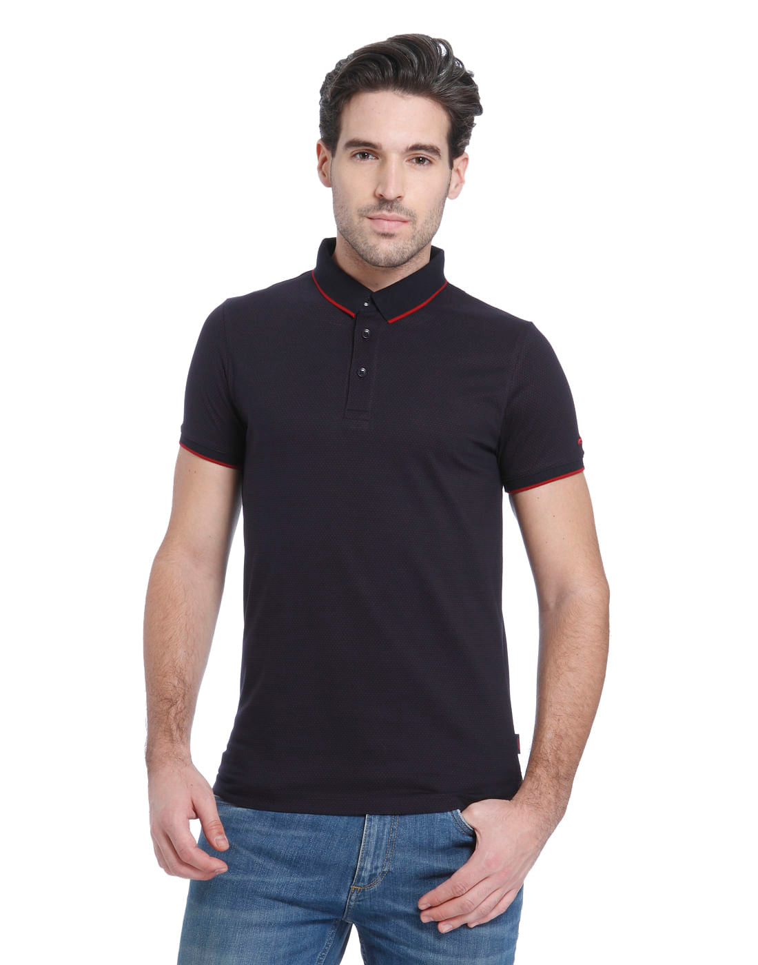 Navy Blue Dobby Polo Neck T-shirt - S