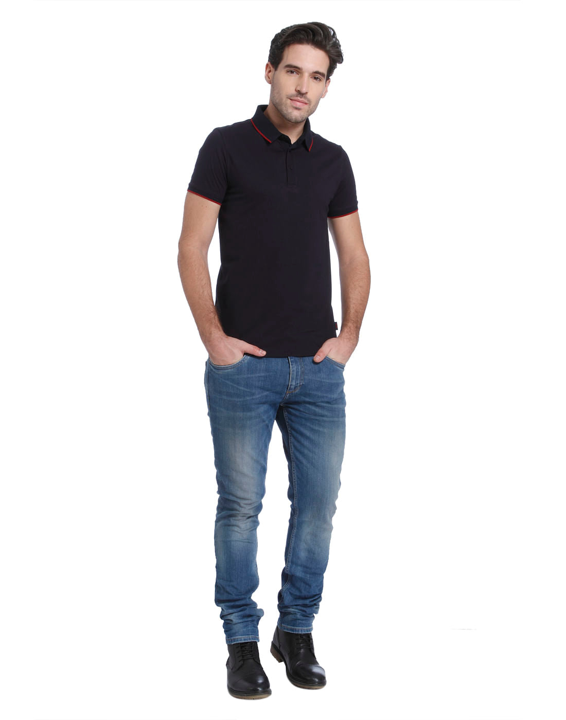 Navy Blue Dobby Polo Neck T-shirt