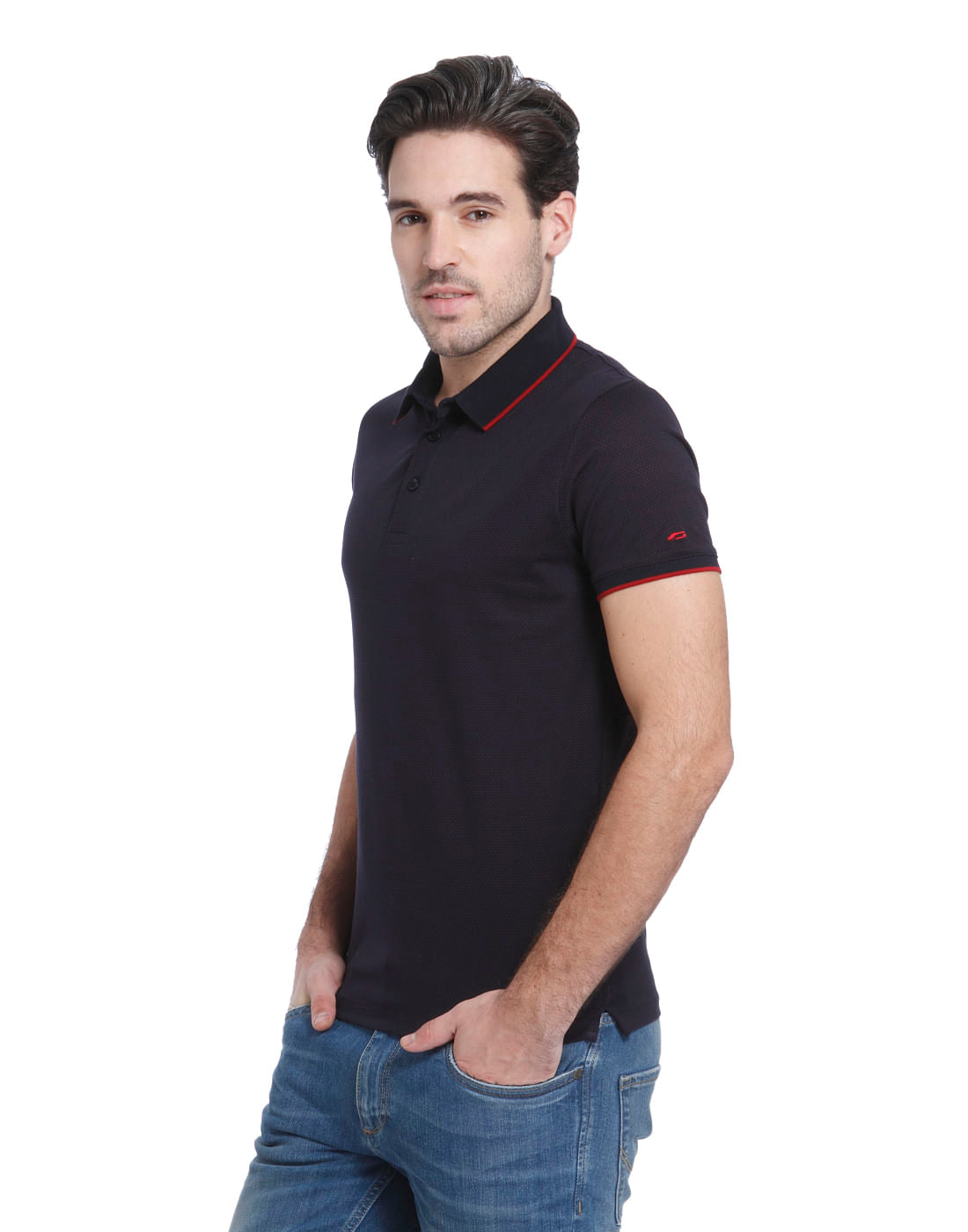Navy Blue Dobby Polo Neck T-shirt