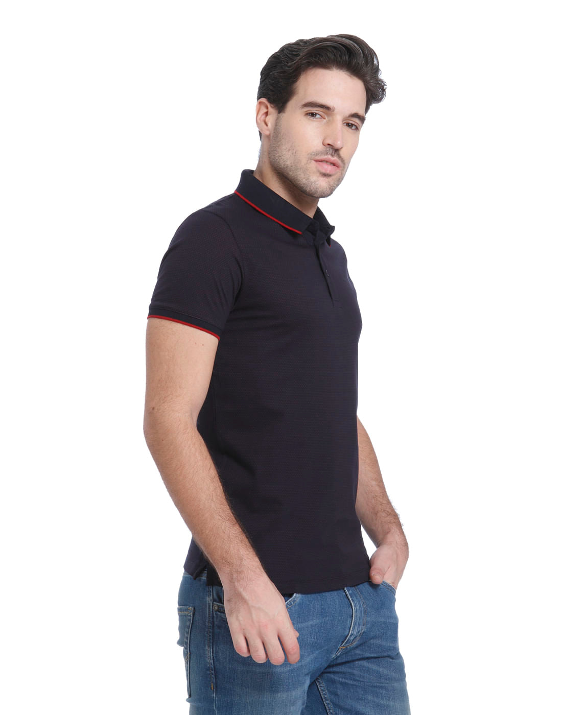 Navy Blue Dobby Polo Neck T-shirt