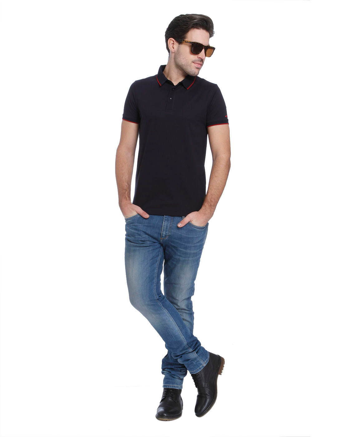 Navy Blue Dobby Polo Neck T-shirt
