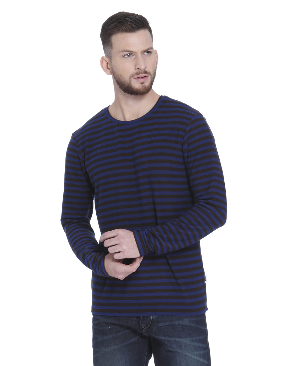 Blue Striped Full Sleeves Crew Neck T-shirt - S
