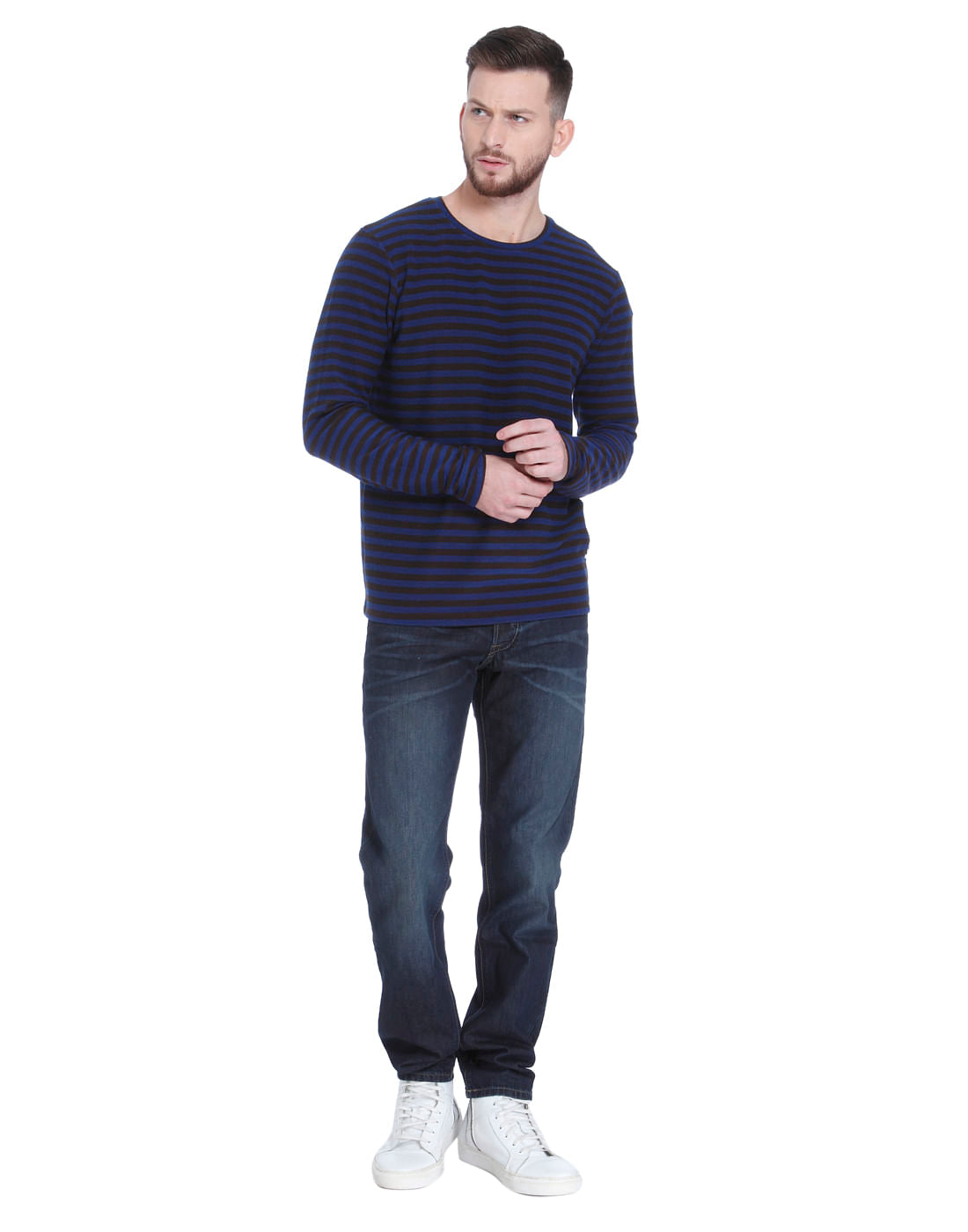 Blue Striped Full Sleeves Crew Neck T-shirt