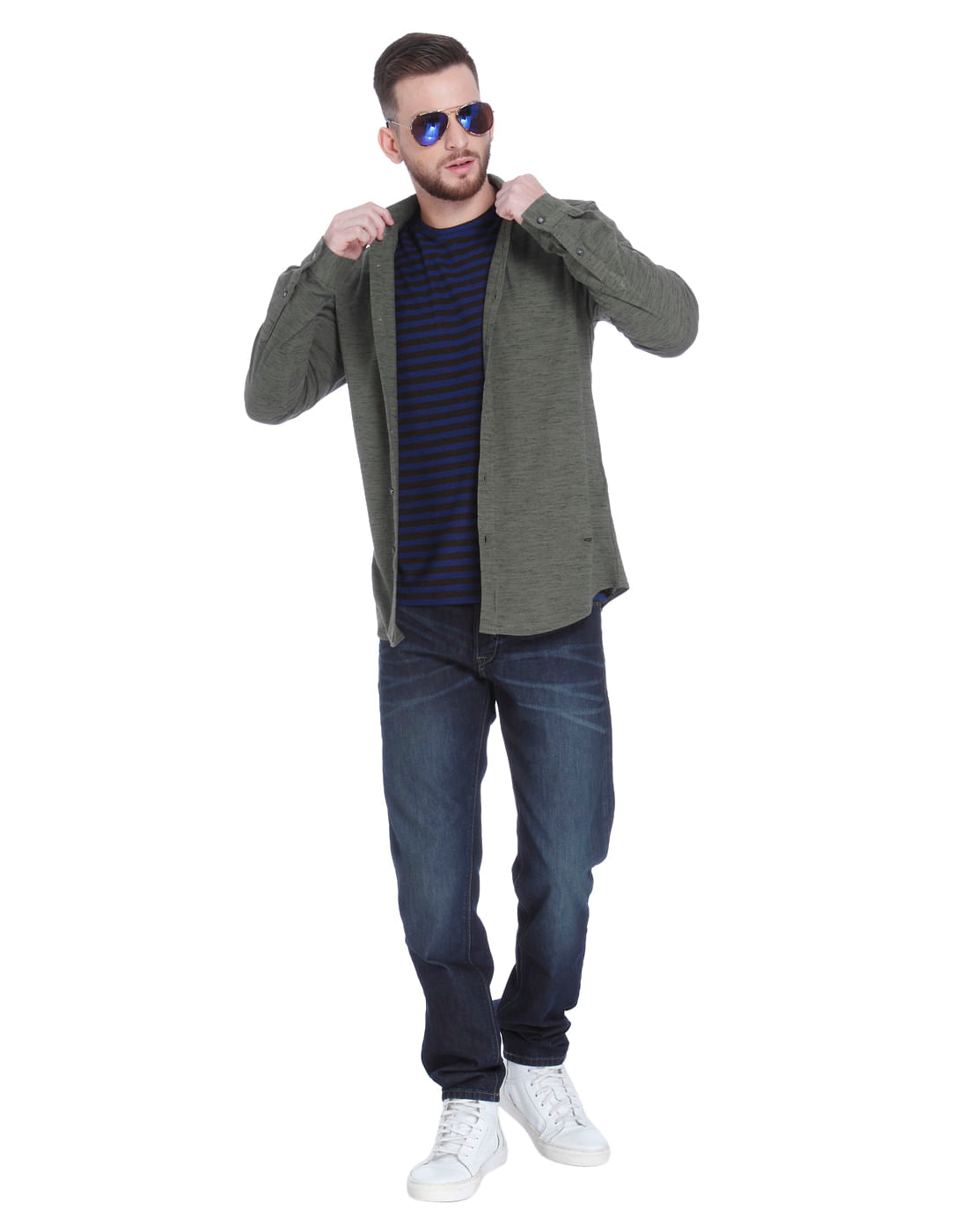 Blue Striped Full Sleeves Crew Neck T-shirt