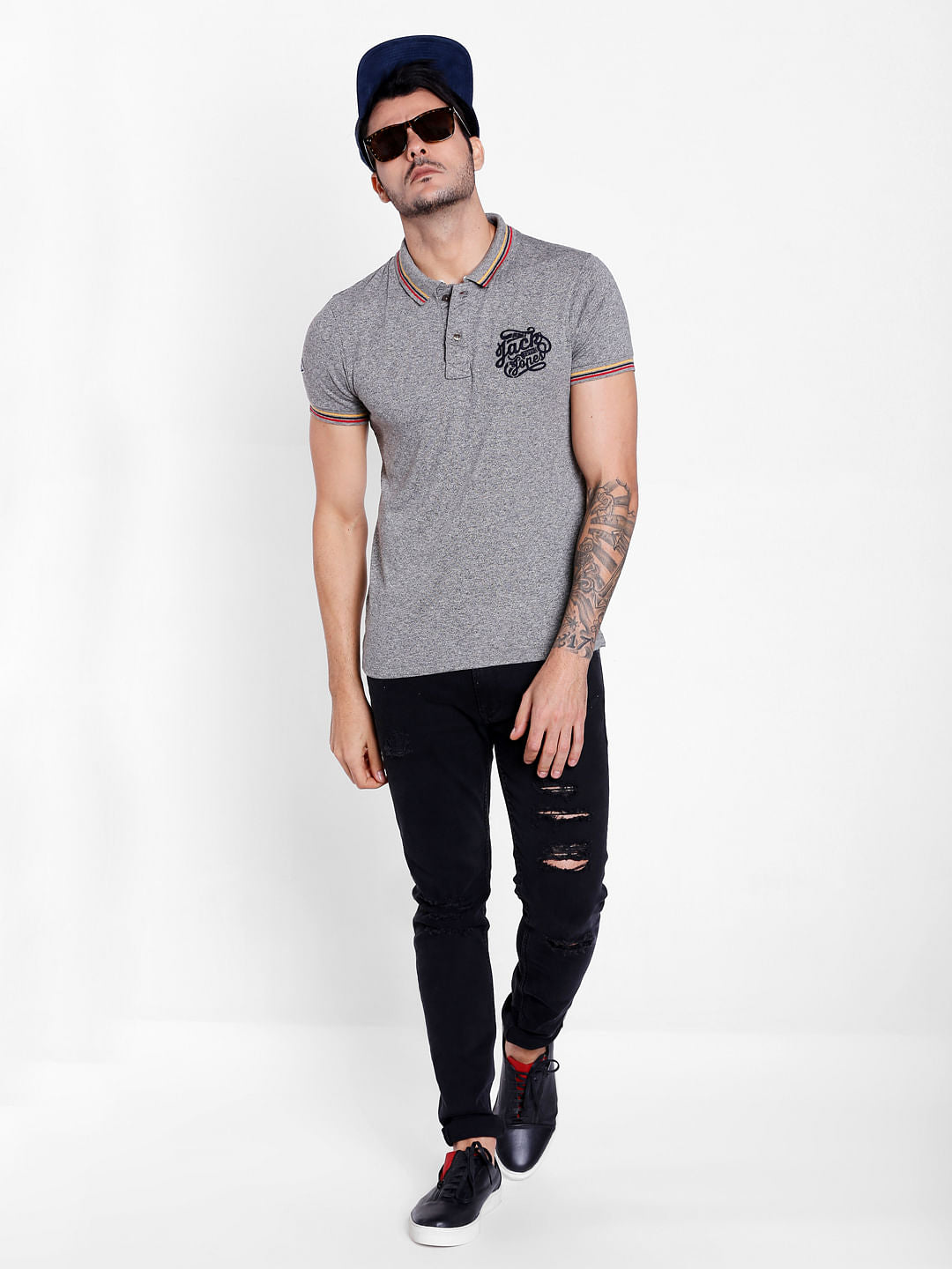 Grey Logo Print Polo Neck T-shirt