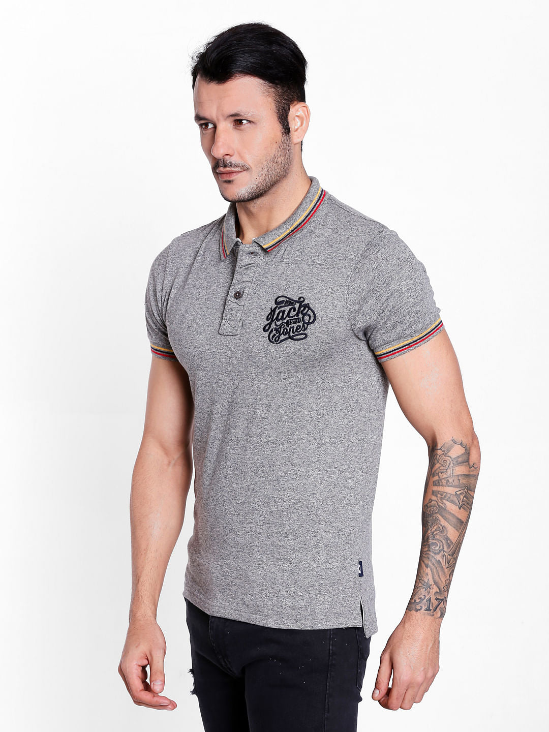 Grey Logo Print Polo Neck T-shirt