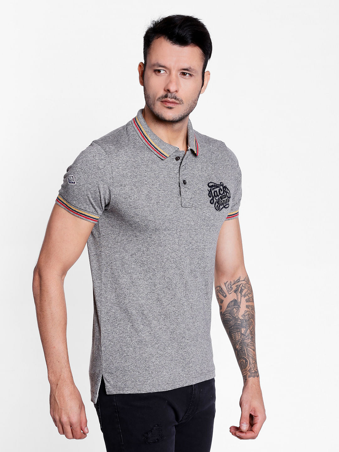 Grey Logo Print Polo Neck T-shirt