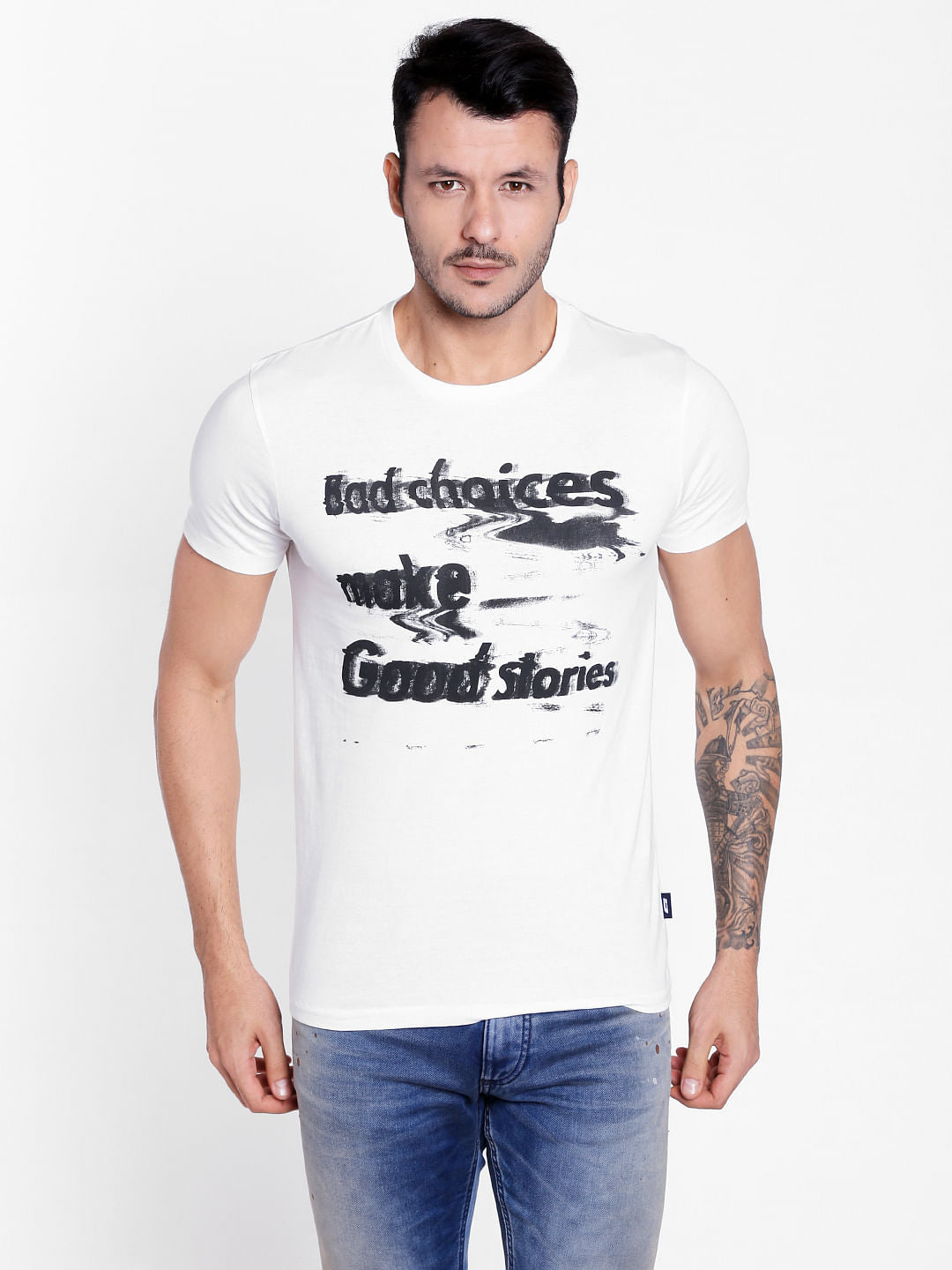 White Text Print Crew Neck T-Shirt