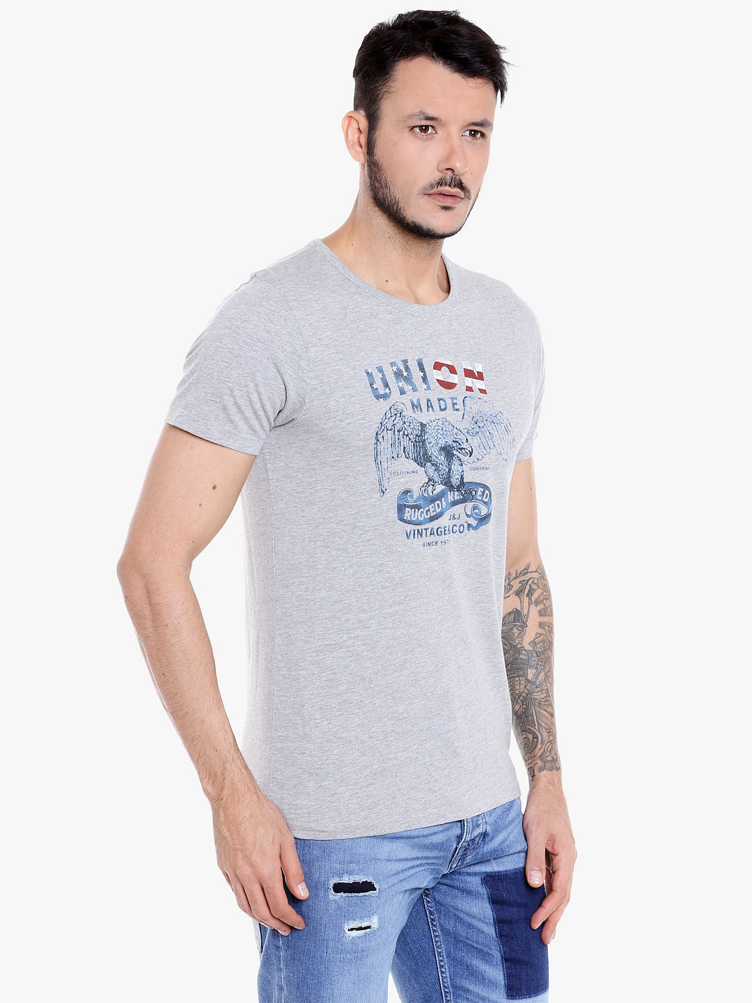 Grey Graphic Print Crew Neck T-shirt