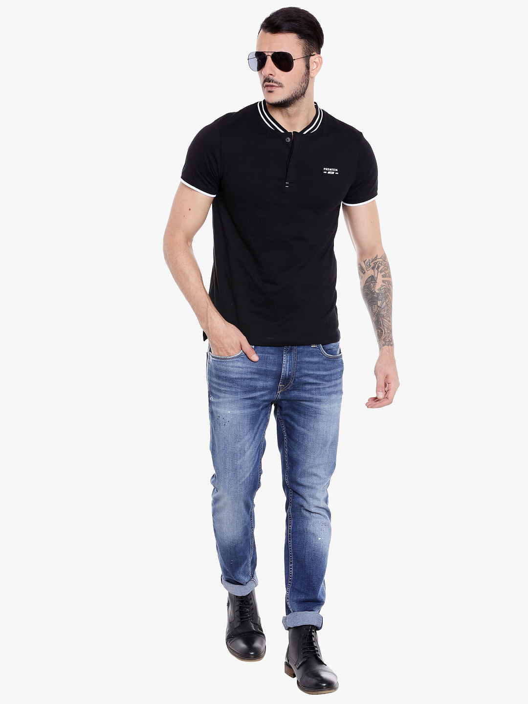 Black Contrast Tipping Polo Neck T-shirt - S