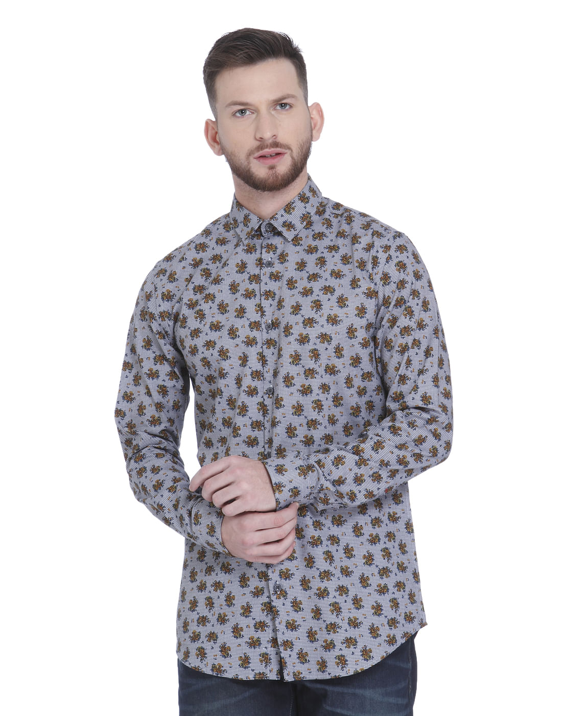 Grey All Over Print Full Sleeves Shirt - S