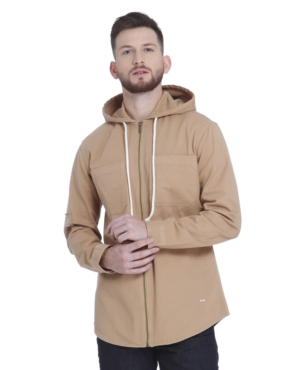 Brown Hooded Zip Up Shirt - S