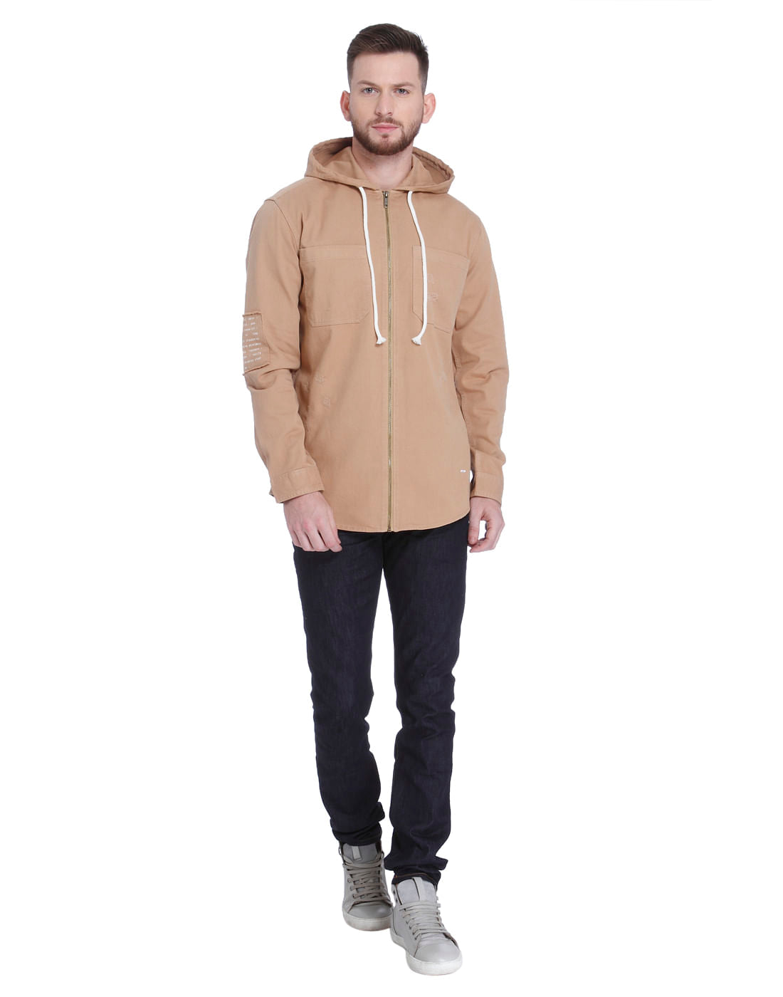 Brown Hooded Zip Up Shirt