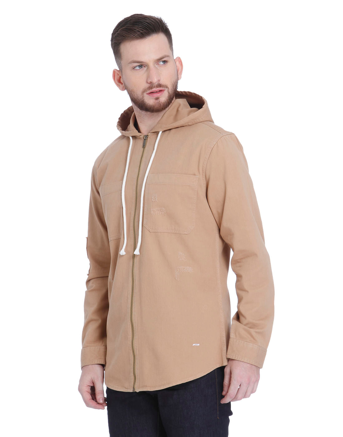 Brown Hooded Zip Up Shirt