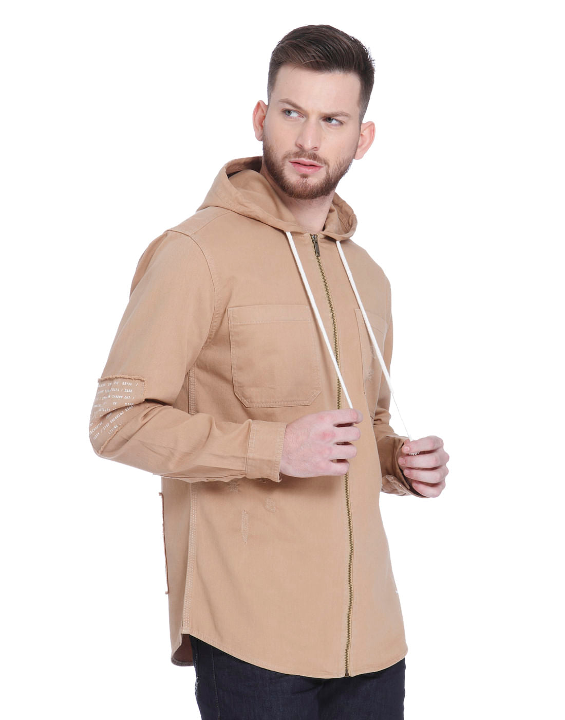 Brown Hooded Zip Up Shirt
