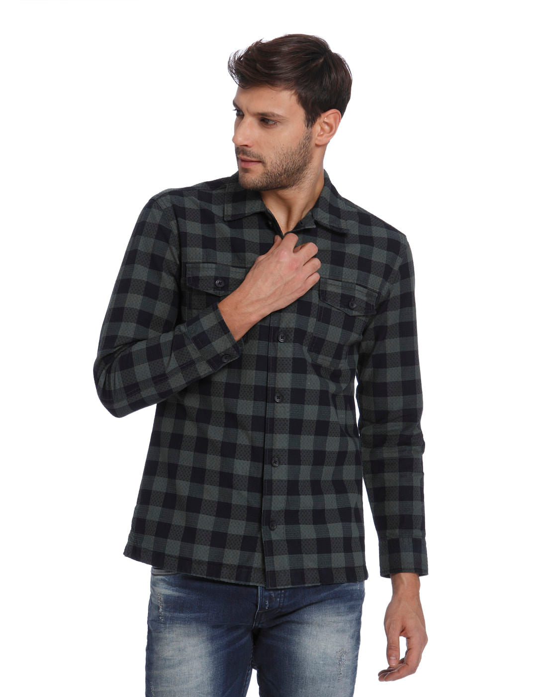 Green Check Print Full Sleeves Shirt - S