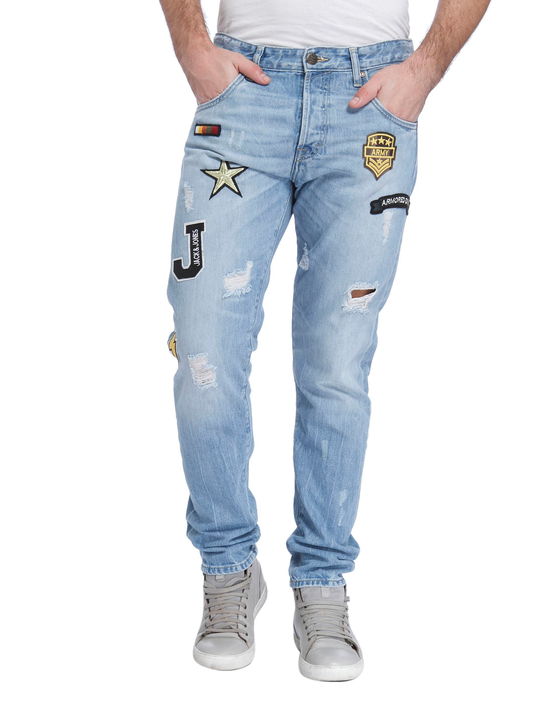 Blue Mid Rise Erik Patch Print Anti-Fit Jeans - 28/32